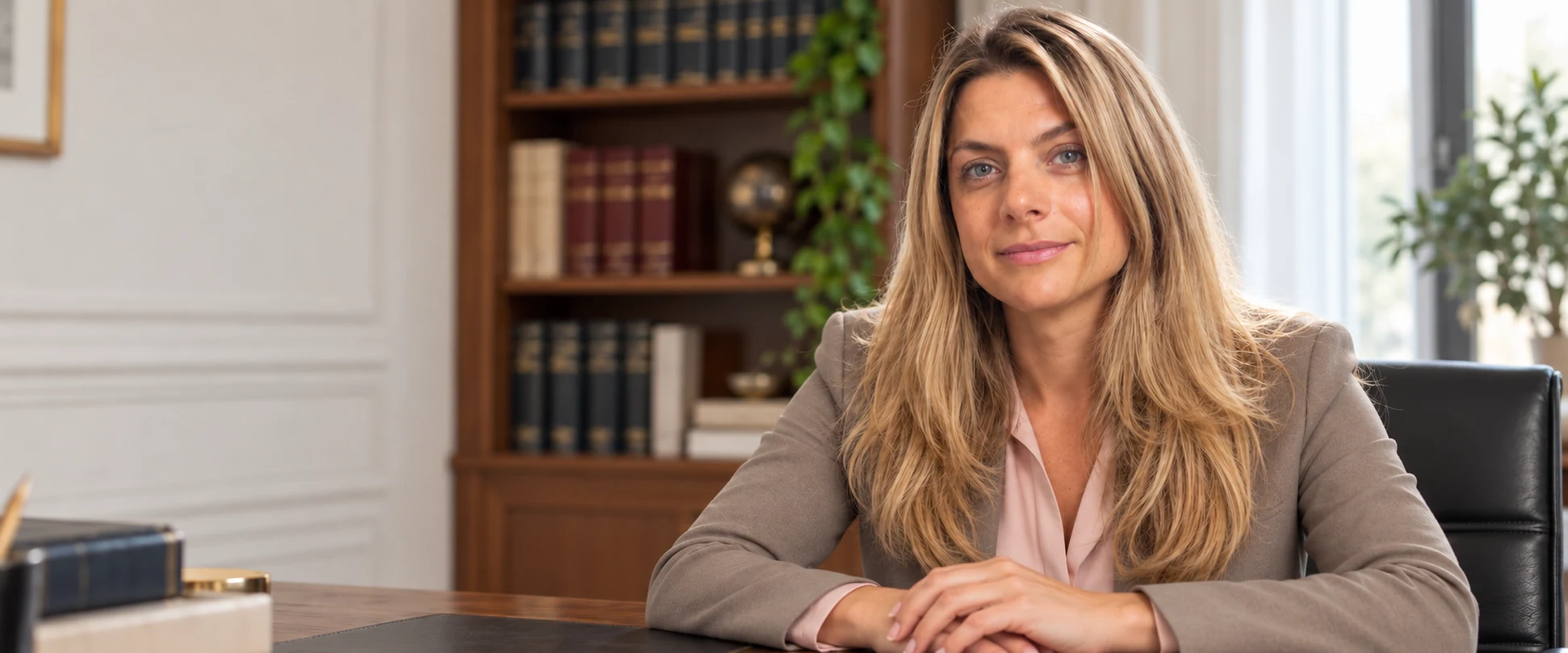 Ritratto illustrativo di Eva Rocca con blazer tortora e camicia rosa, rivolta al visitatore